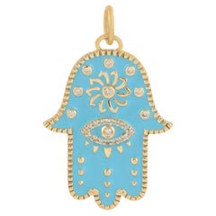 Collar Colgante Hamsa Diamante Oro 14 Kilates Esmalte Turquesa