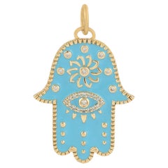 Halskette mit Anhänger, Hamsa Diamant 14 Karat Gold Türkis-Emaille