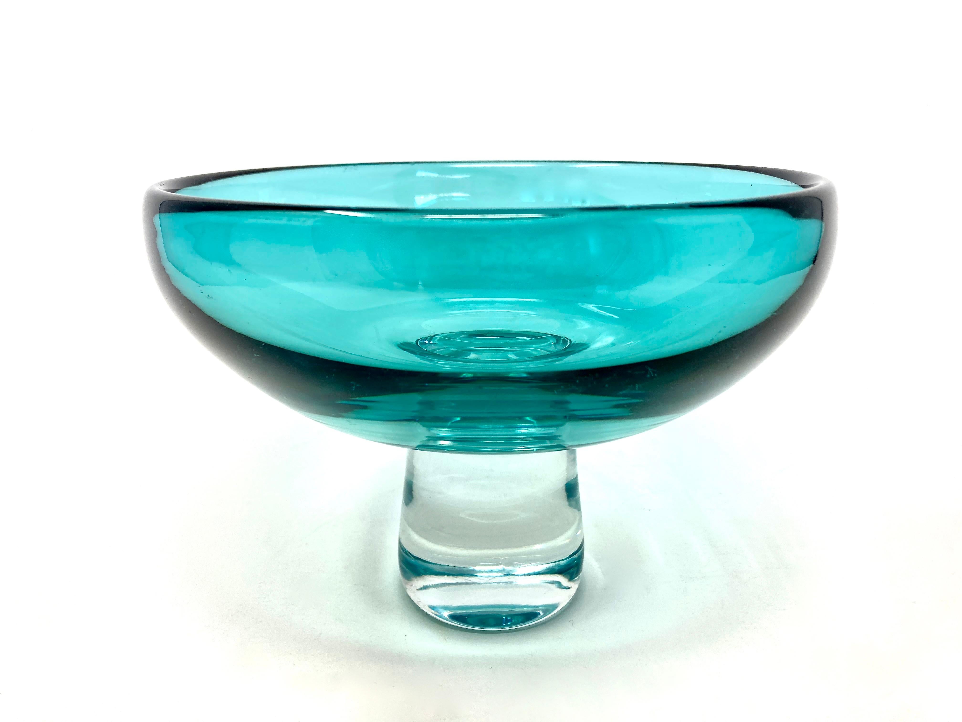 Hand-Crafted Turquoise Handblown Mid-Century Modern Scandinavian Art Glass Pedestal Bowl  For Sale