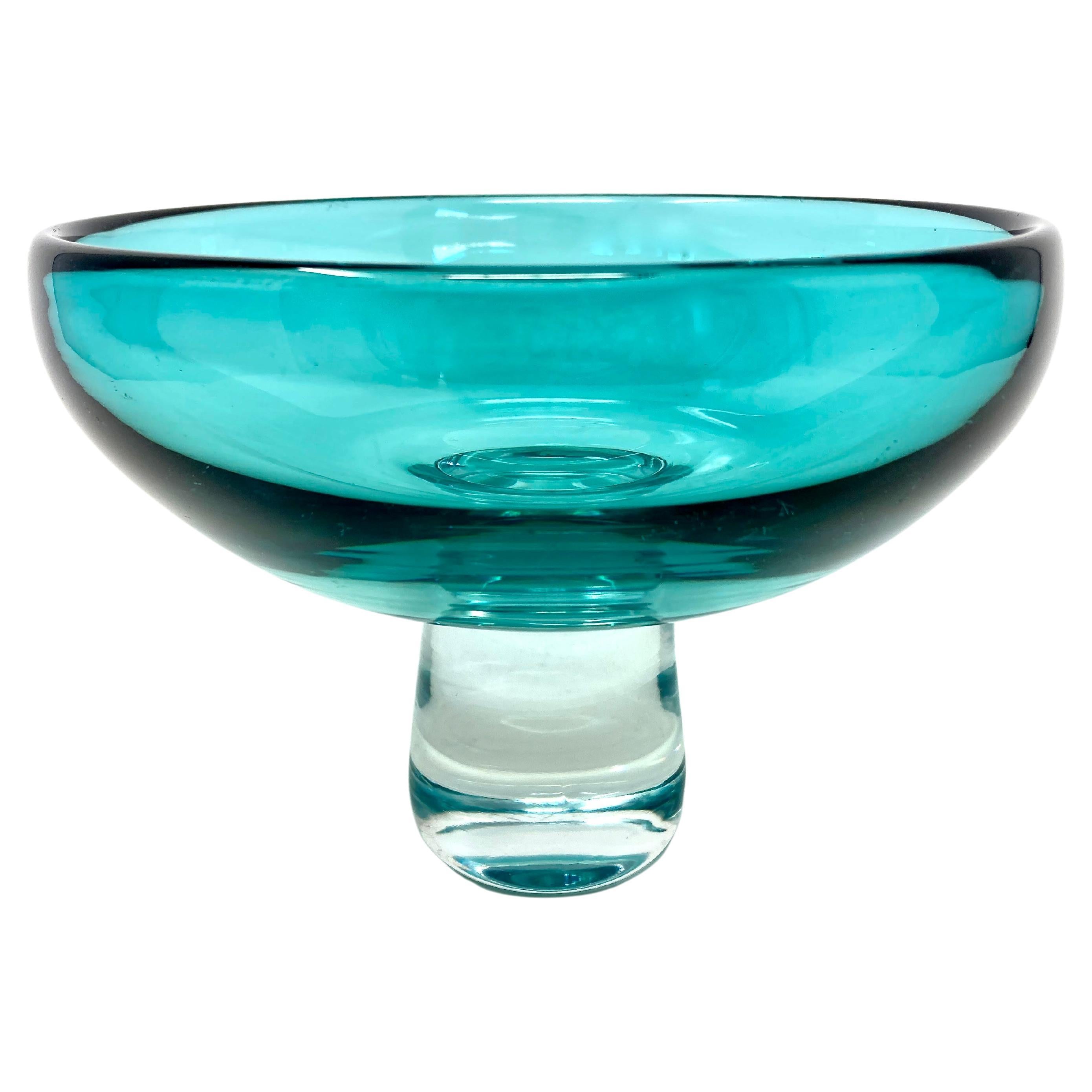Turquoise Handblown Mid-Century Modern Scandinavian Art Glass Pedestal Bowl  For Sale