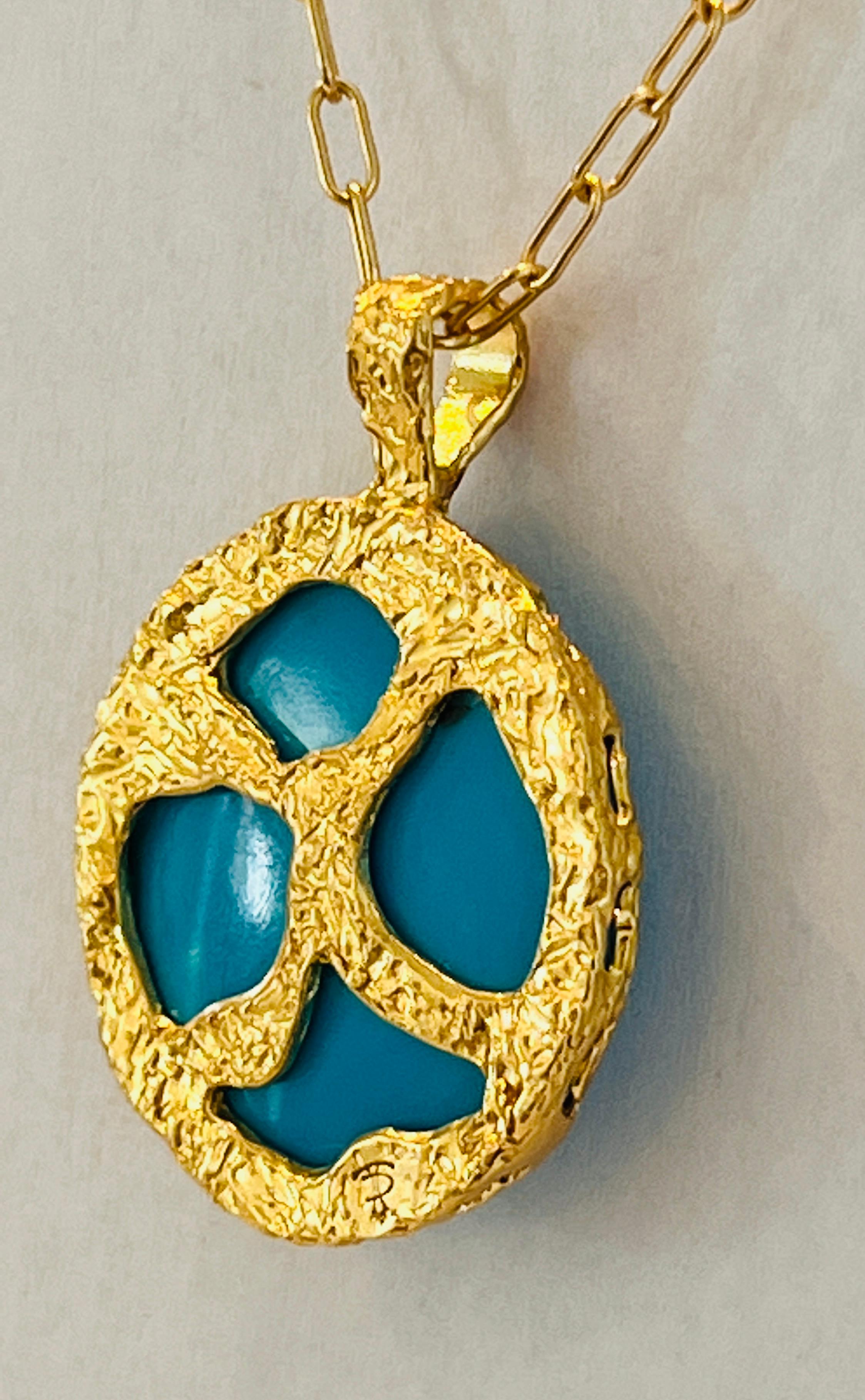 Turquoise Handmade Pendant in 22k Gold, by Tagili 4