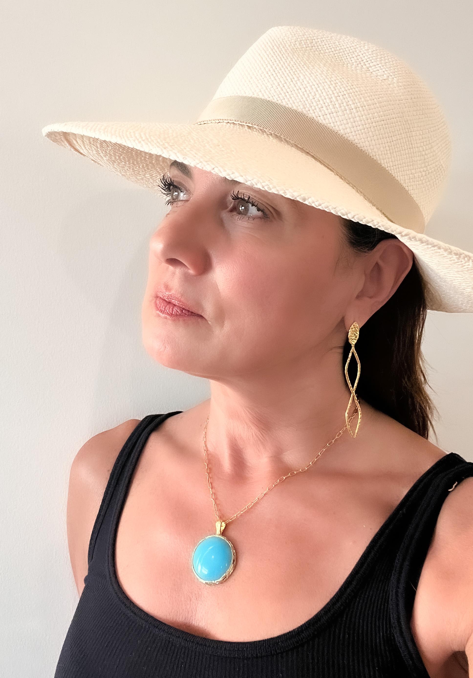 Turquoise Pendant set in 22k gold and is one of a kind and hand made! With the combination of Tagili’s signature finish and the vibrant color of turquoise blended together, effortlessly elevates your mood and style. Timeless, chic and spectacular.