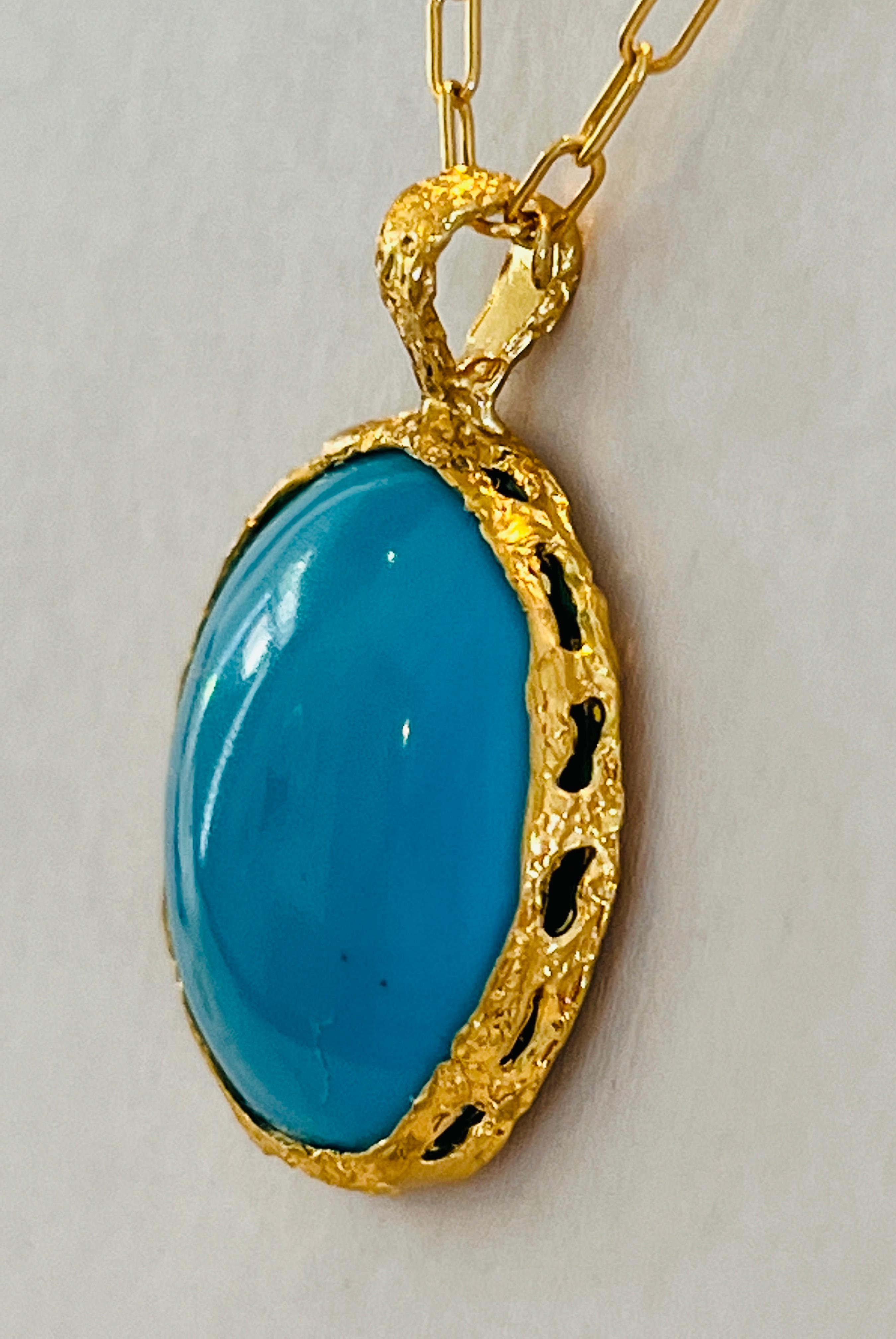 Round Cut Turquoise Handmade Pendant in 22k Gold, by Tagili