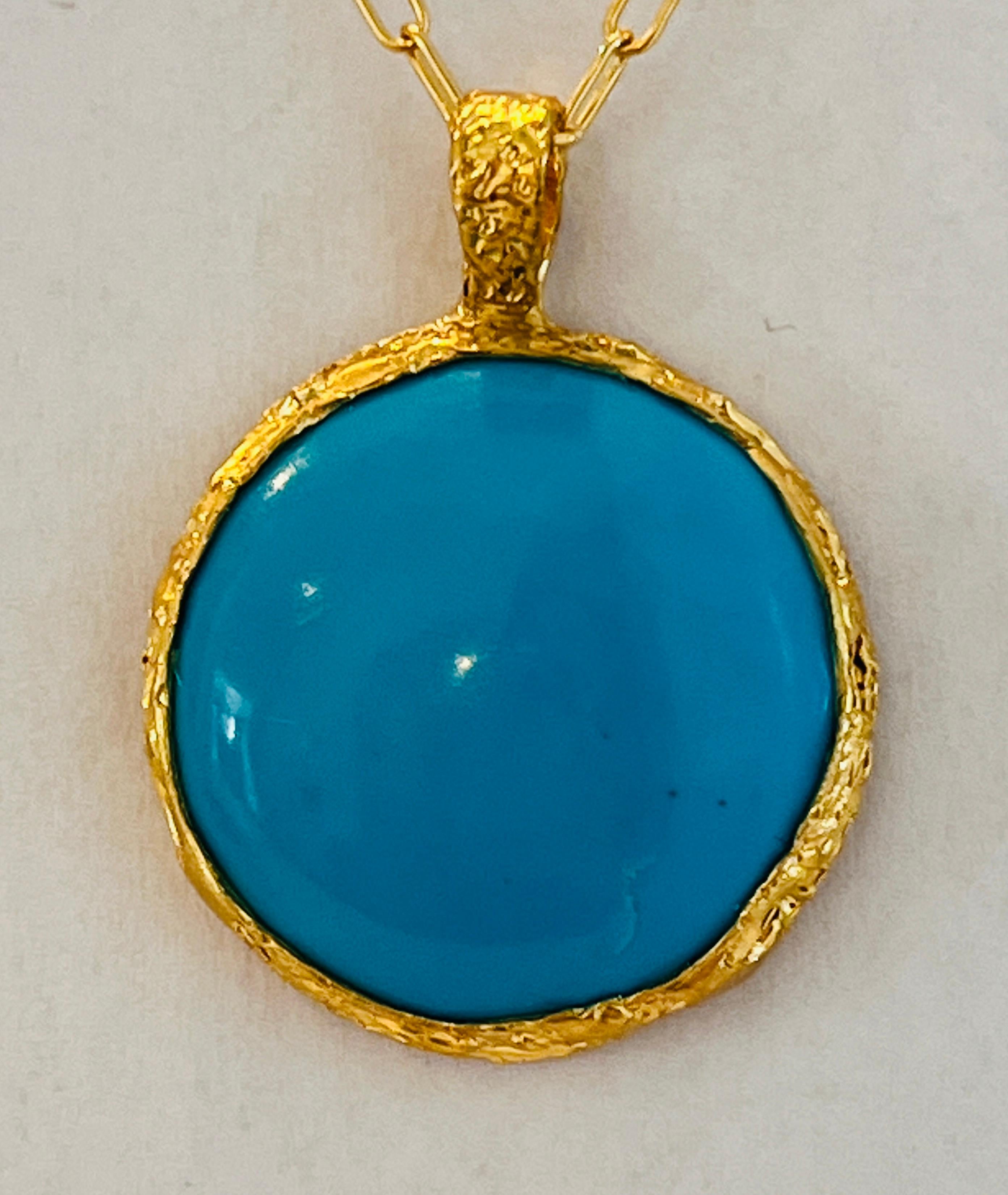 Turquoise Handmade Pendant in 22k Gold, by Tagili In New Condition In New York, NY