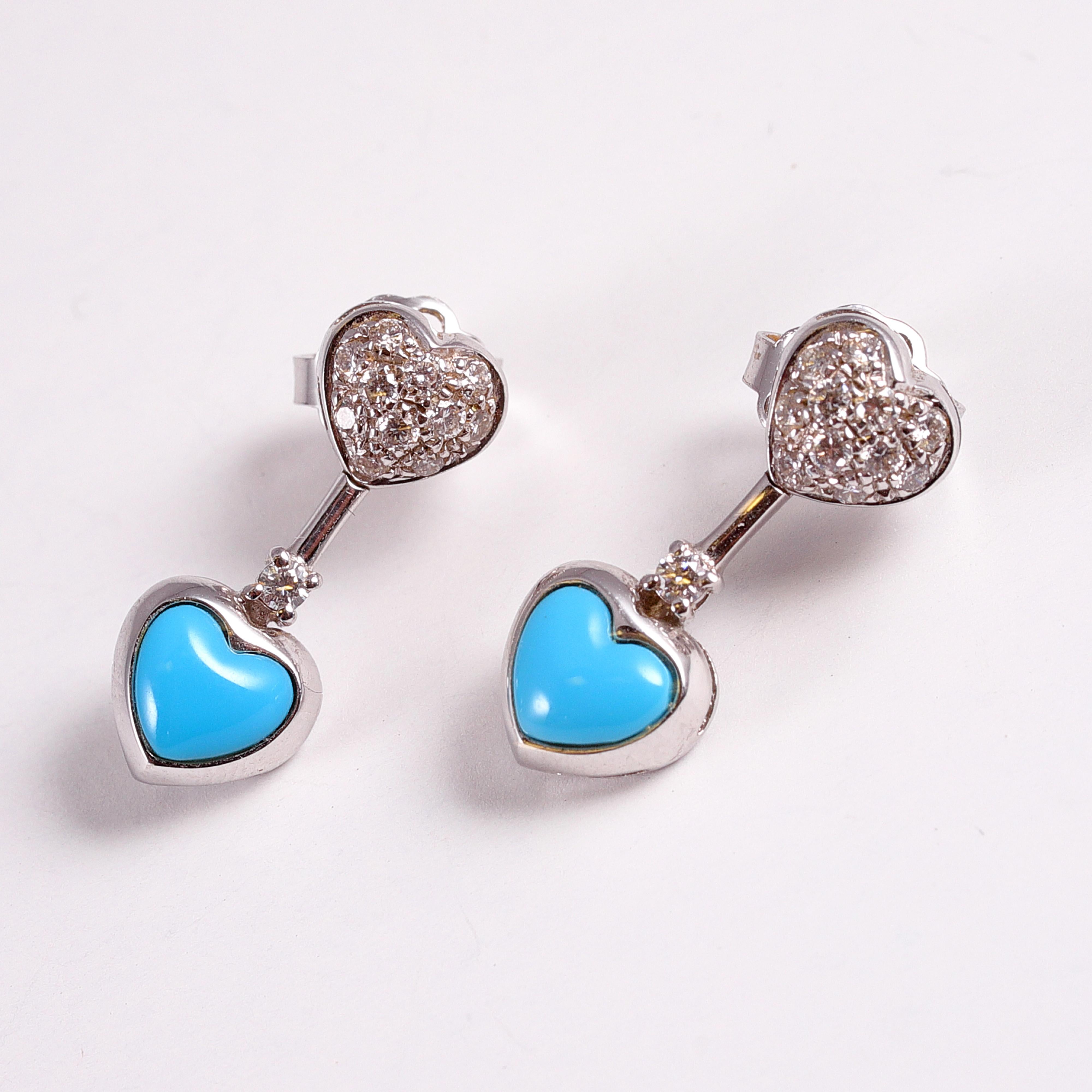 Boucles d'oreilles cœur en turquoise et diamants 1