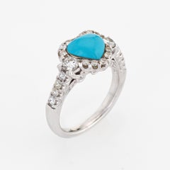 Turquoise Heart Ring 1ct Diamond Estate 18k White Gold Fine Love Jewelry