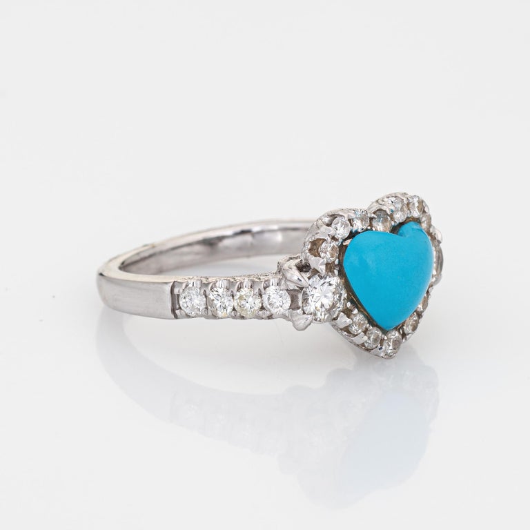 Turquoise Heart Ring 1ct Diamond Estate 18k White Gold Fine Love