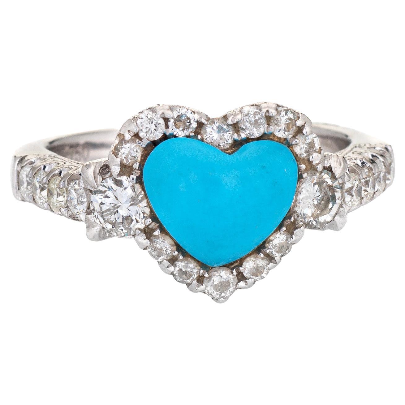 Turquoise Heart Ring 1ct Diamond Estate 18k White Gold Fine Love Jewelry