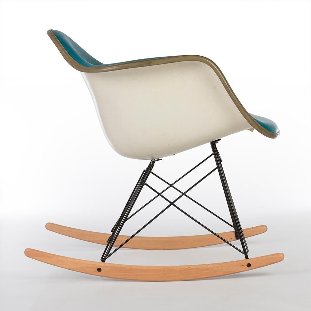 Mid-Century Modern Turquoise Herman Miller Eames Upholstered Rar Rocking Arm Shell Chair