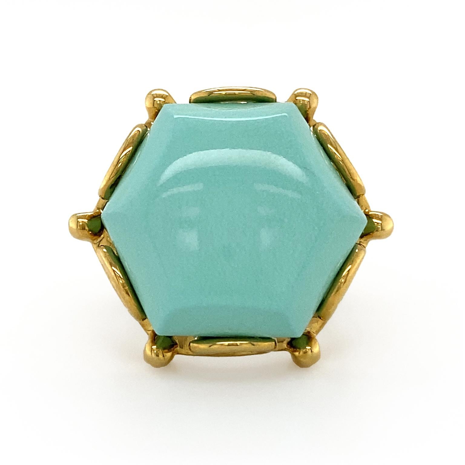 Cabochon Turquoise Hexagon 18K Yellow Gold Ring For Sale