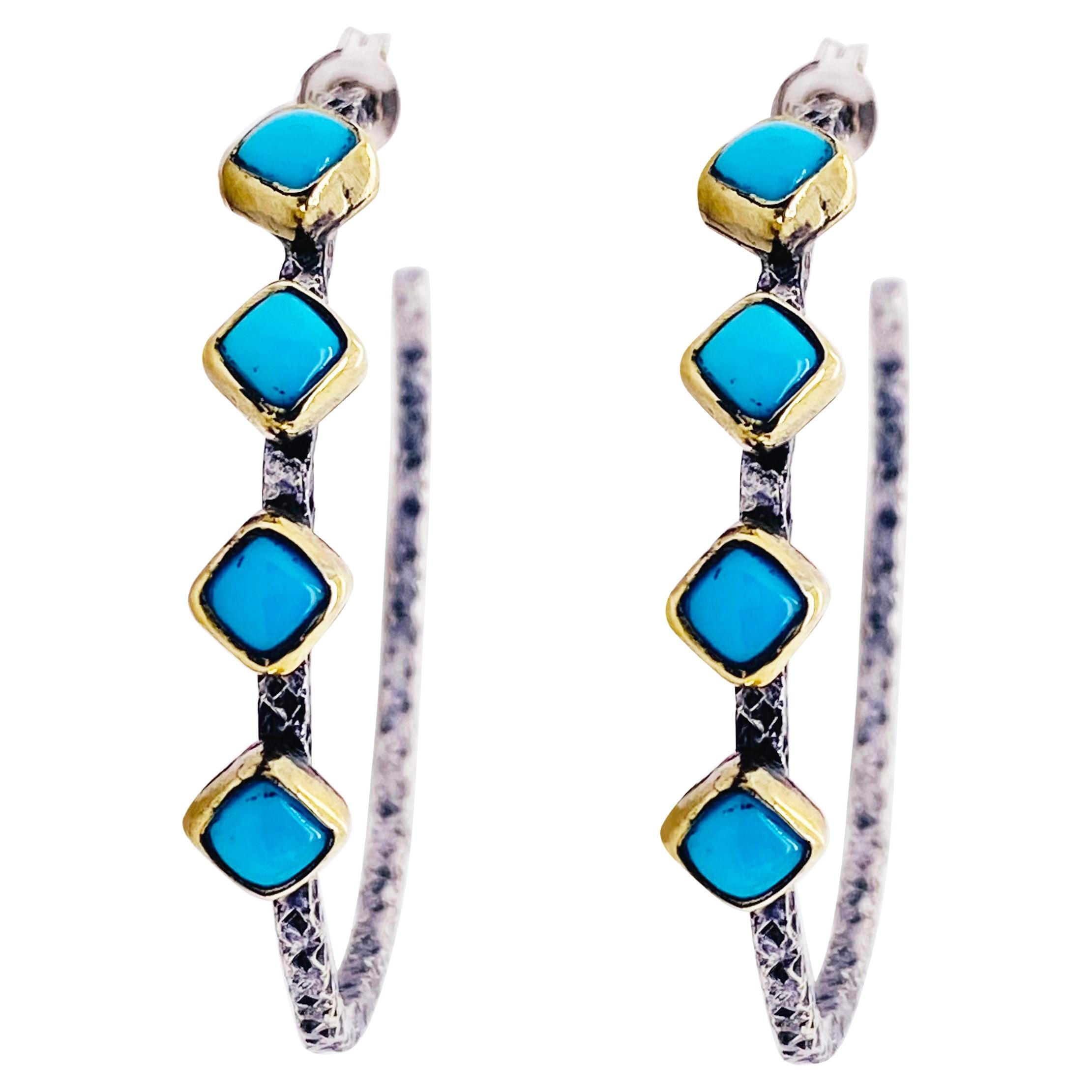 Turquoise Hoop Earrings in Sterling with Turquoise Square Stones Bezel Set