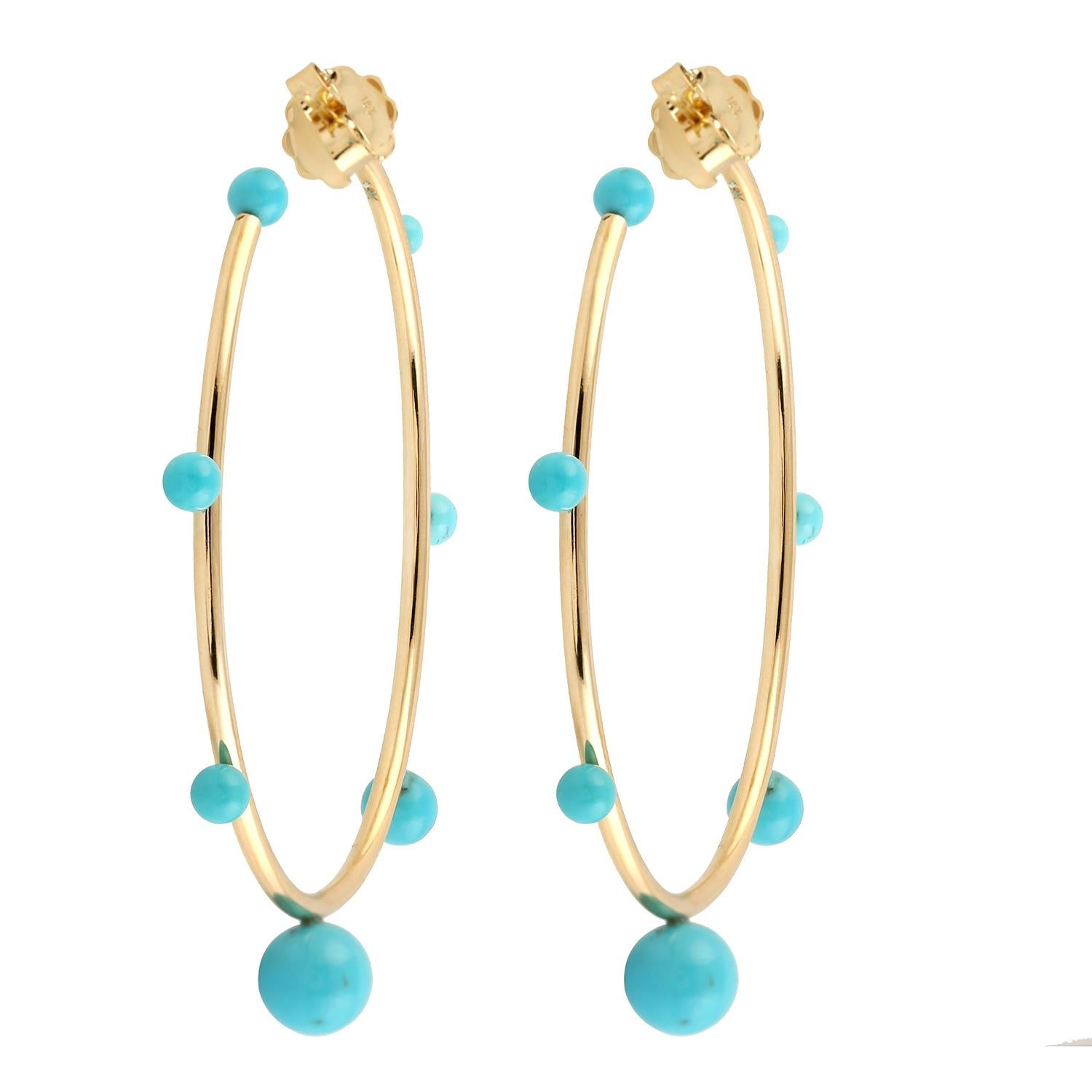 Art Deco Turquoise Hoop Earrings Made in 18k Yellow Gold For Sale