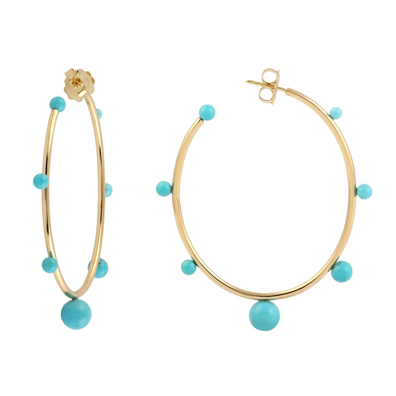 Mixed Cut Turquoise Hoop Earrings Made in 18k Yellow Gold For Sale