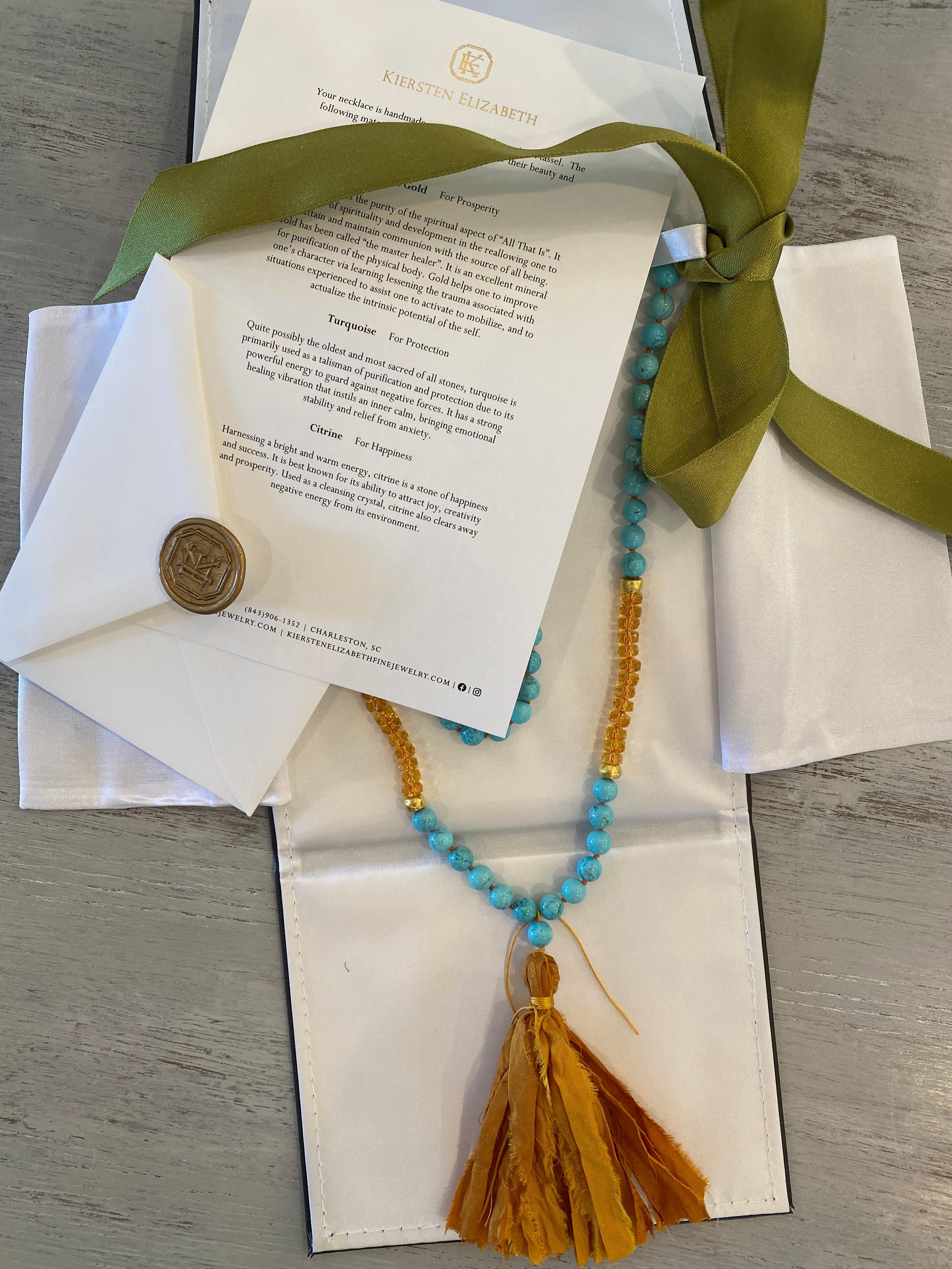 Artisan Turquoise Howlite and Citrine Mala / Prayer / Meditation Necklace in 18 Karat YG