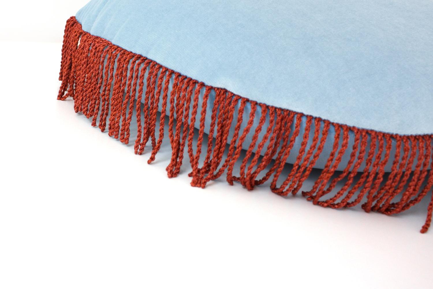 Portuguese Turquoise II Blue Velvet Deluxe Handmade Bolster Cushion For Sale