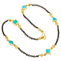 Turquoise Inlay, 14k Gold and Oxidized Sterling Silver Cable Chain Necklace
