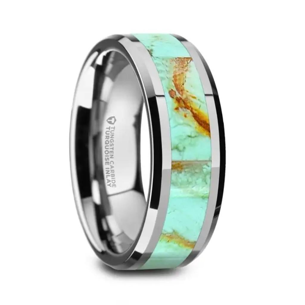 For Sale:  Turquoise Inlay 8mm Tungsten Carbide Wedding Band, Beveled Edge Design Ring 5