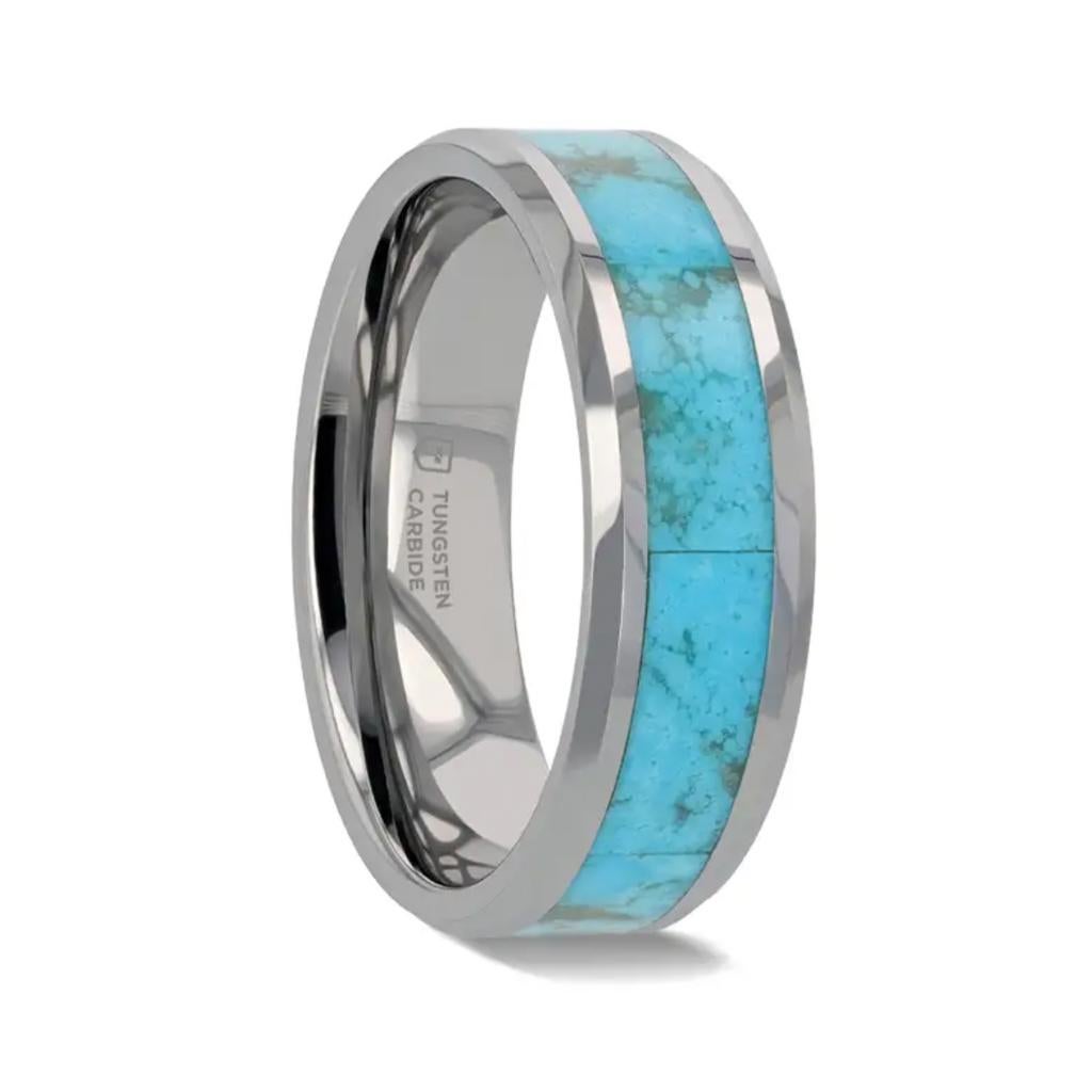 For Sale:  Turquoise Inlay 8mm Tungsten Carbide Wedding Band, Beveled Edge Design Ring 6