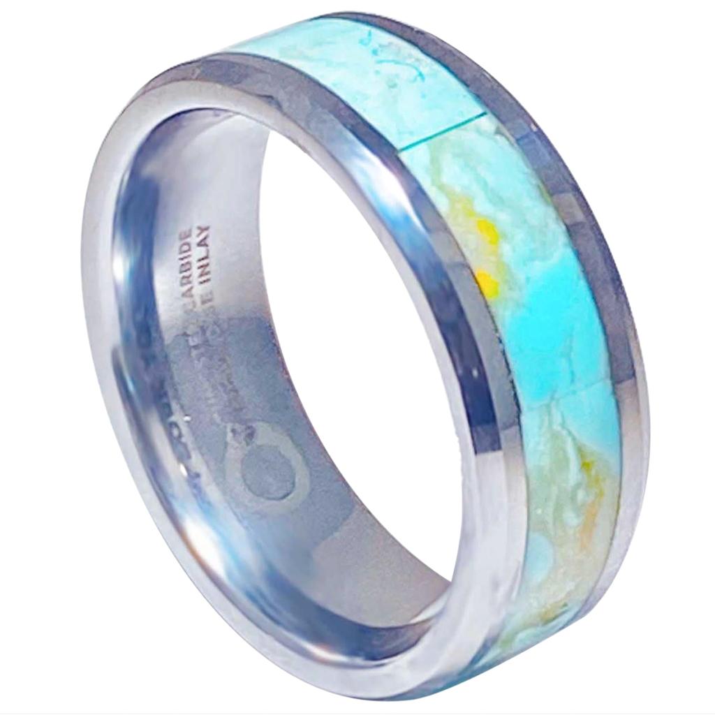 For Sale:  Turquoise Inlay 8mm Tungsten Carbide Wedding Band, Beveled Edge Design Ring 7