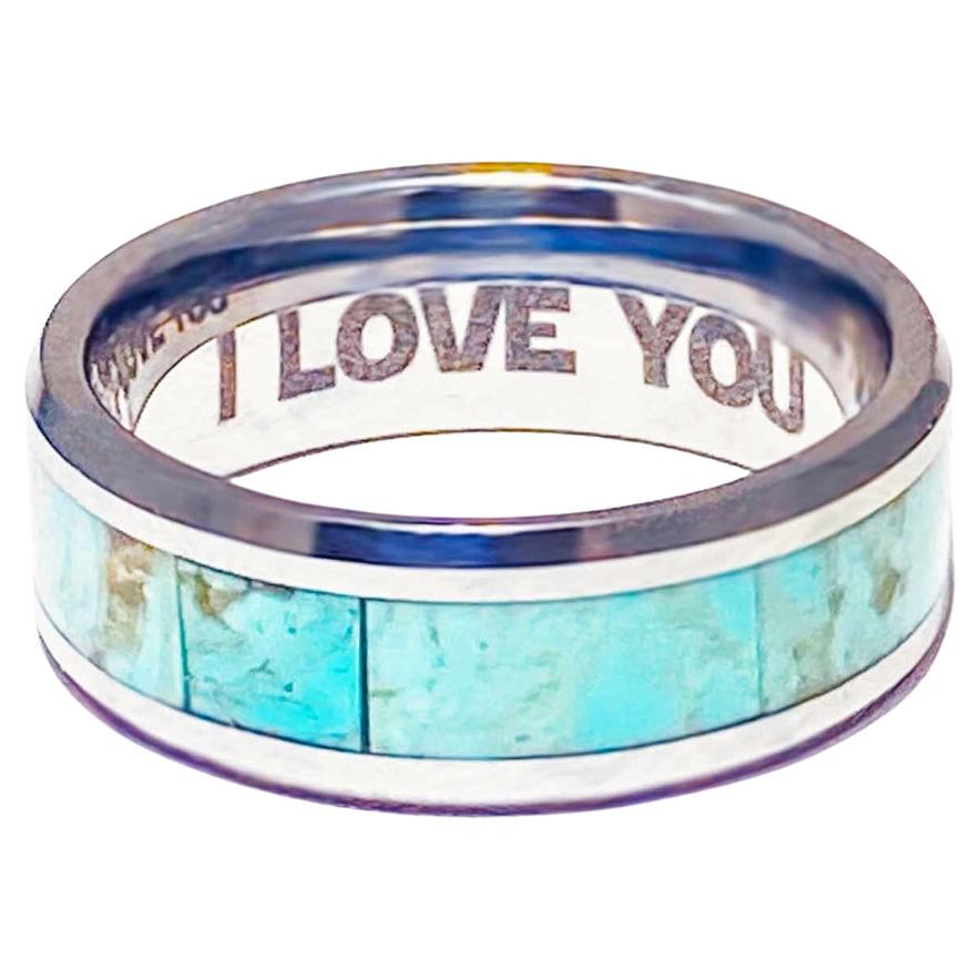 For Sale:  Turquoise Inlay 8mm Tungsten Carbide Wedding Band, Beveled Edge Design Ring