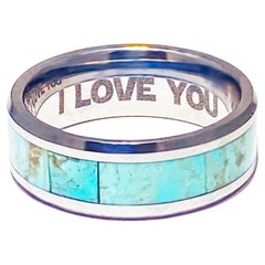 Turquoise Inlay 8mm Tungsten Carbide Wedding Band, Beveled Edge Design Ring
