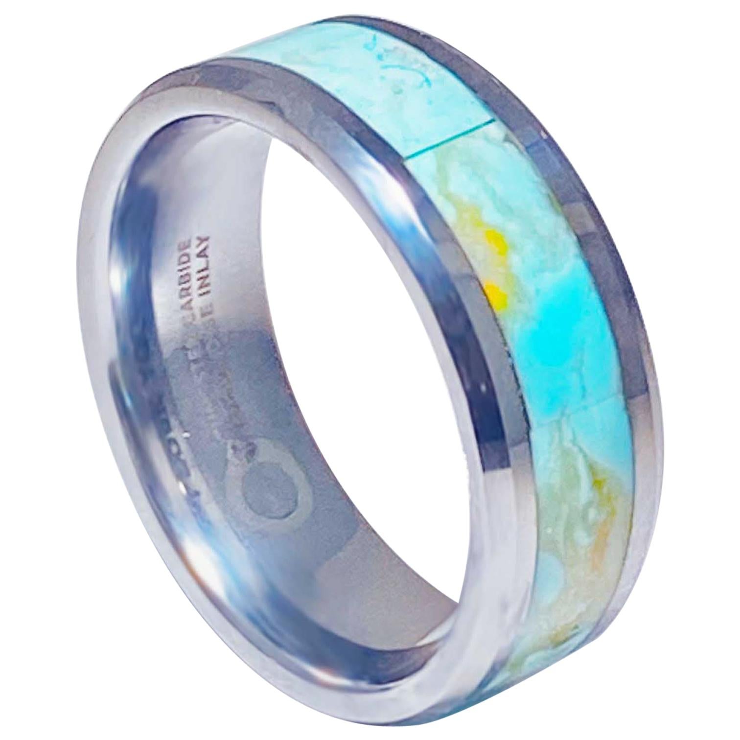 Turquoise Inlay Tungsten Steel Men’s Wedding Band Ring Genuine Turquoise