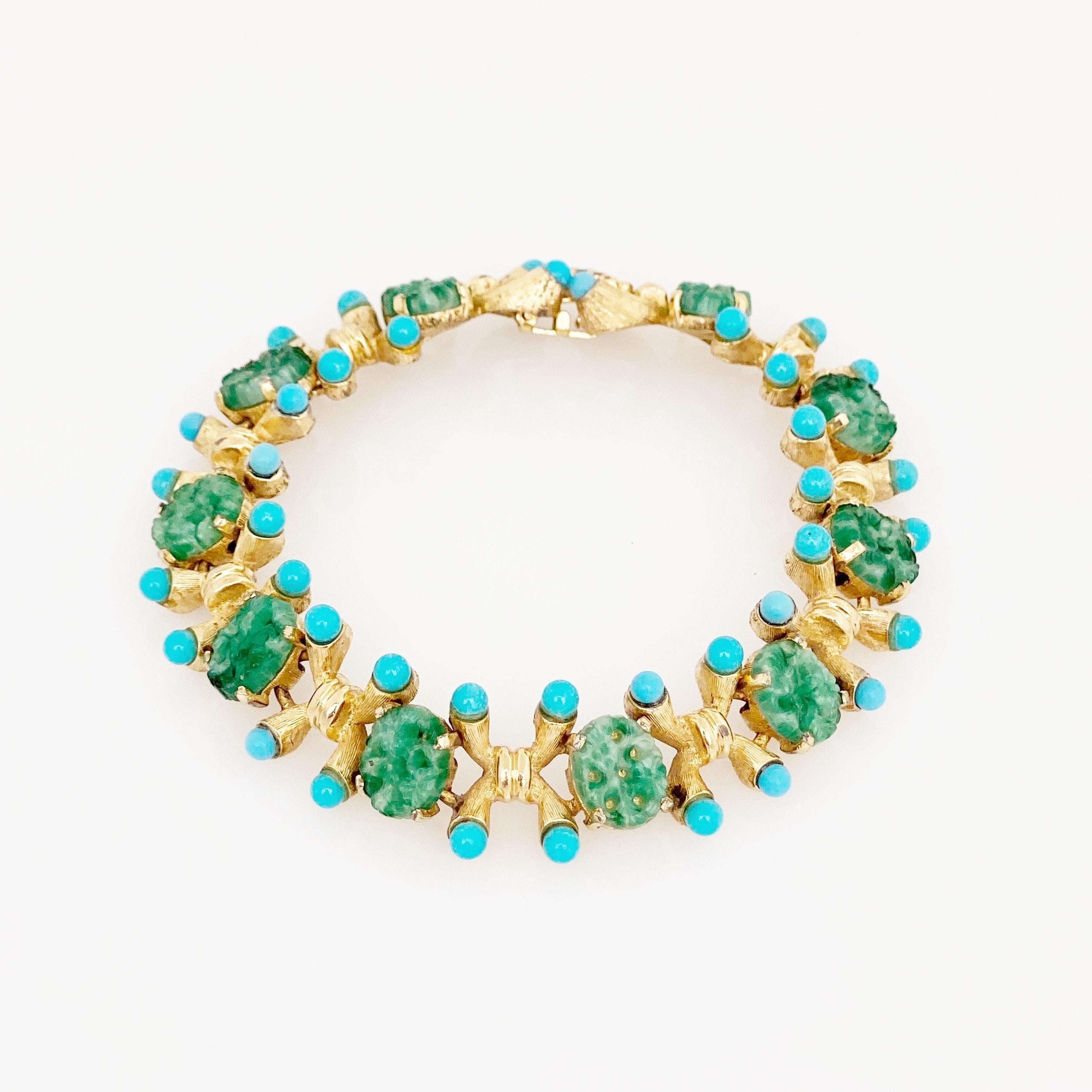 Modern Turquoise & Jade Gilded Link Bracelet By Jomaz, 1970s