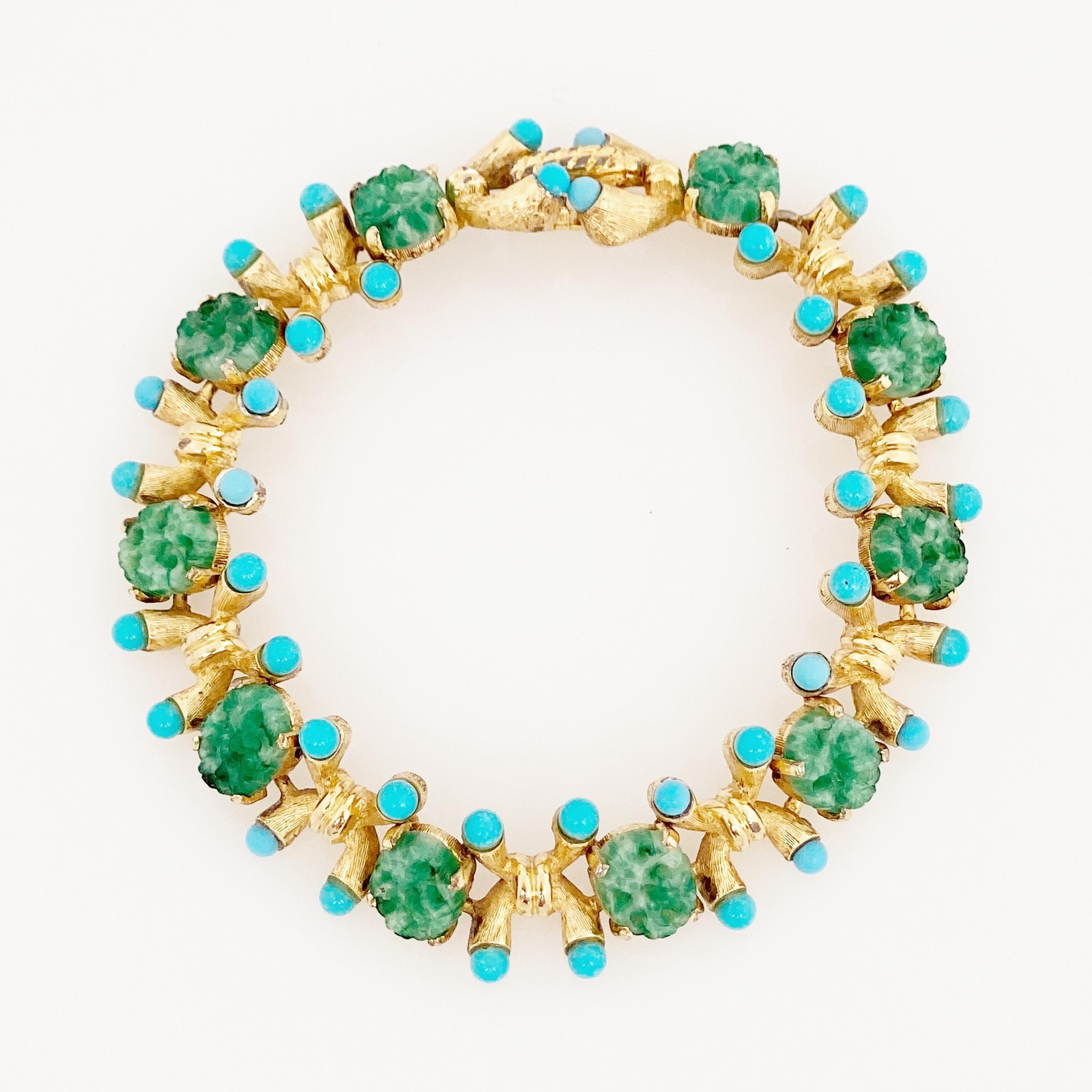 Turquoise & Jade Gilded Link Bracelet By Jomaz, 1970s In Good Condition In McKinney, TX