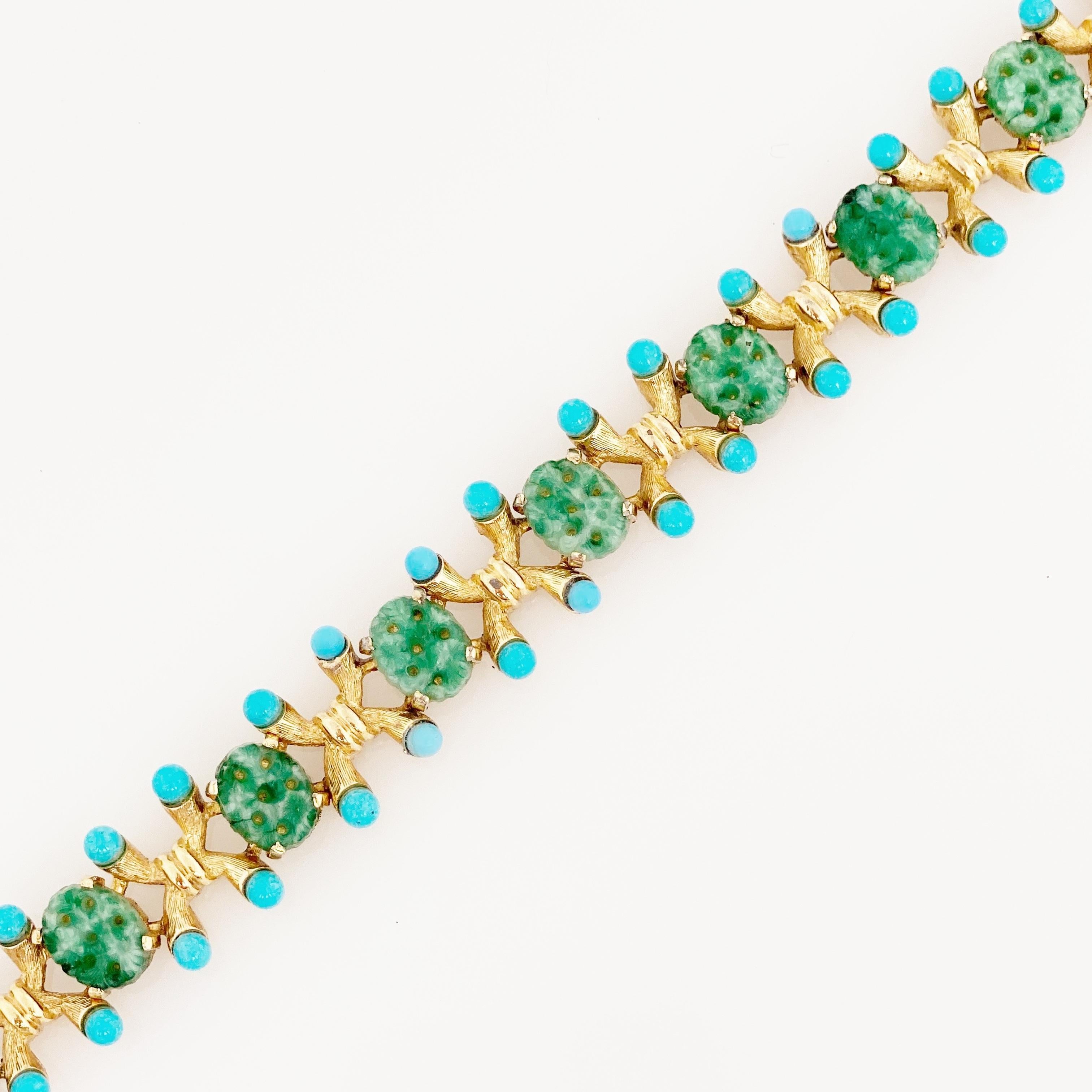 Women's Turquoise & Jade Gilded Link Bracelet By Jomaz, 1970s