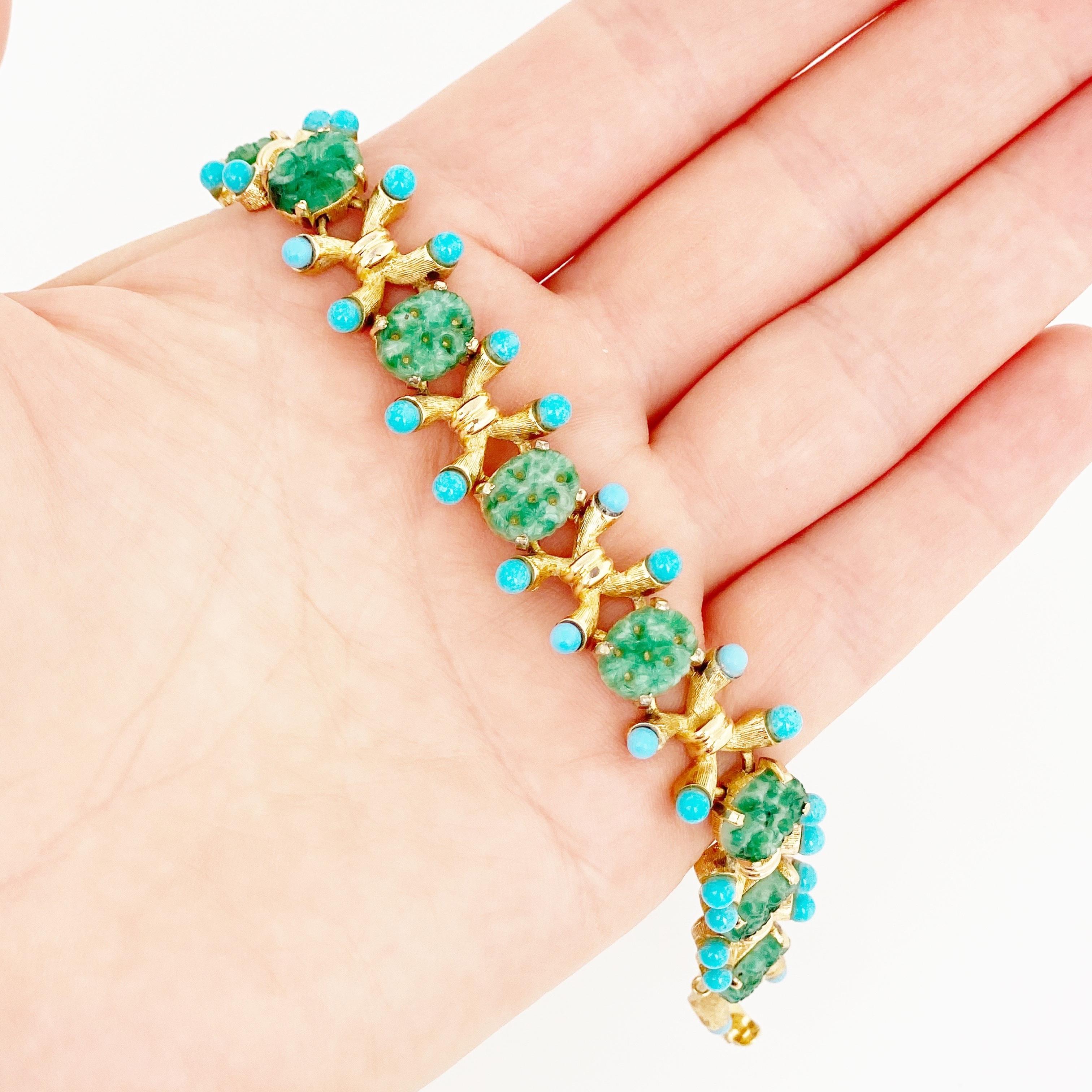 Turquoise & Jade Gilded Link Bracelet By Jomaz, 1970s 2