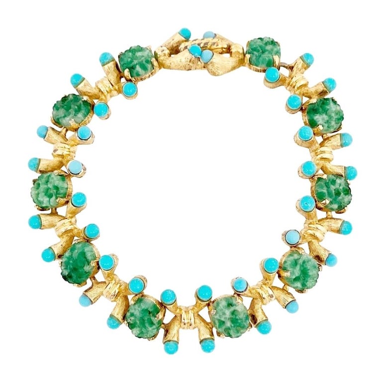 Turquoise and Jade Gilded Link Bracelet By Jomaz, 1970s at 1stDibs
