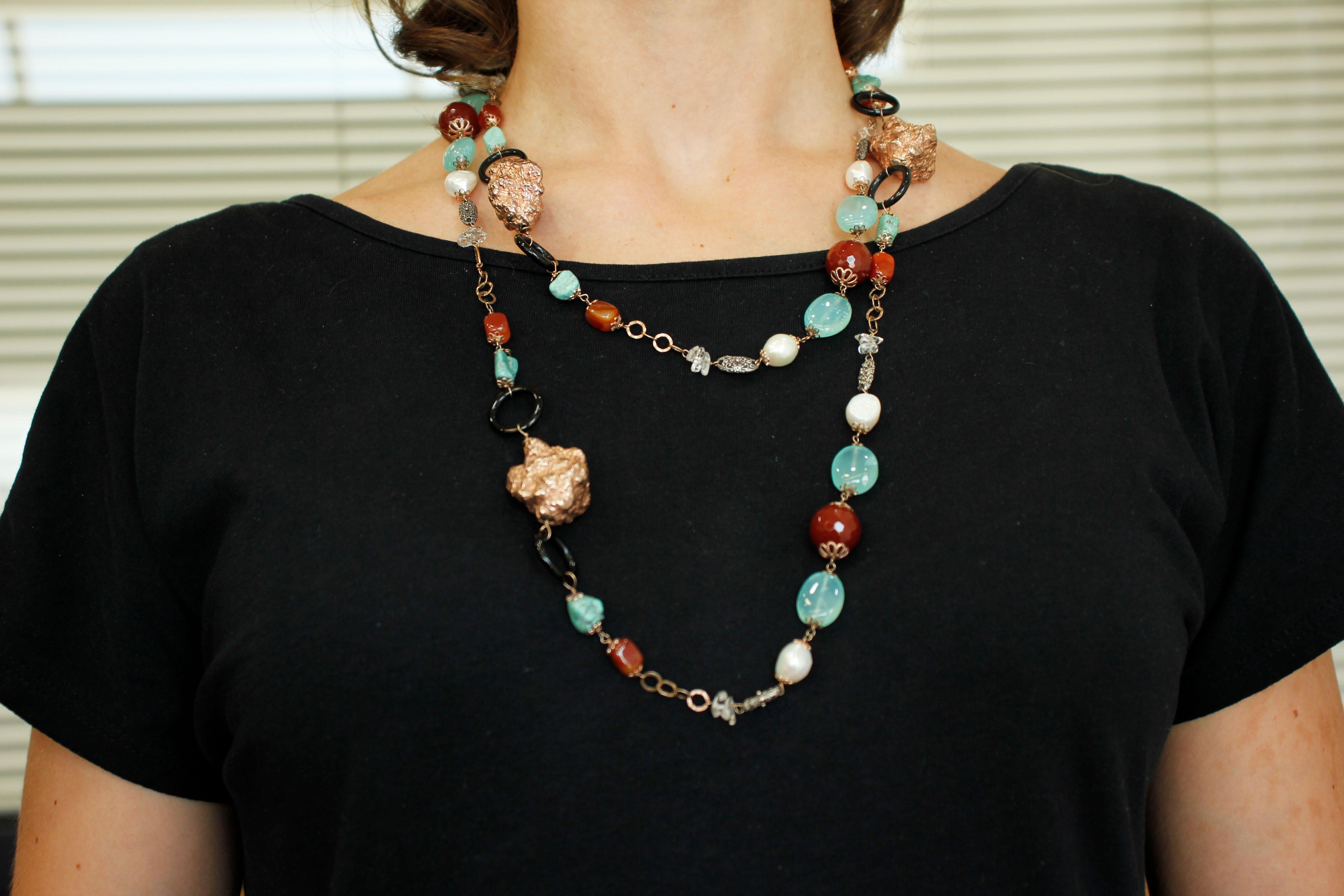 Retro Turquoise, Jasper, Black Agate, Pearls, 9 Karat Rose Gold and Silver Necklace For Sale