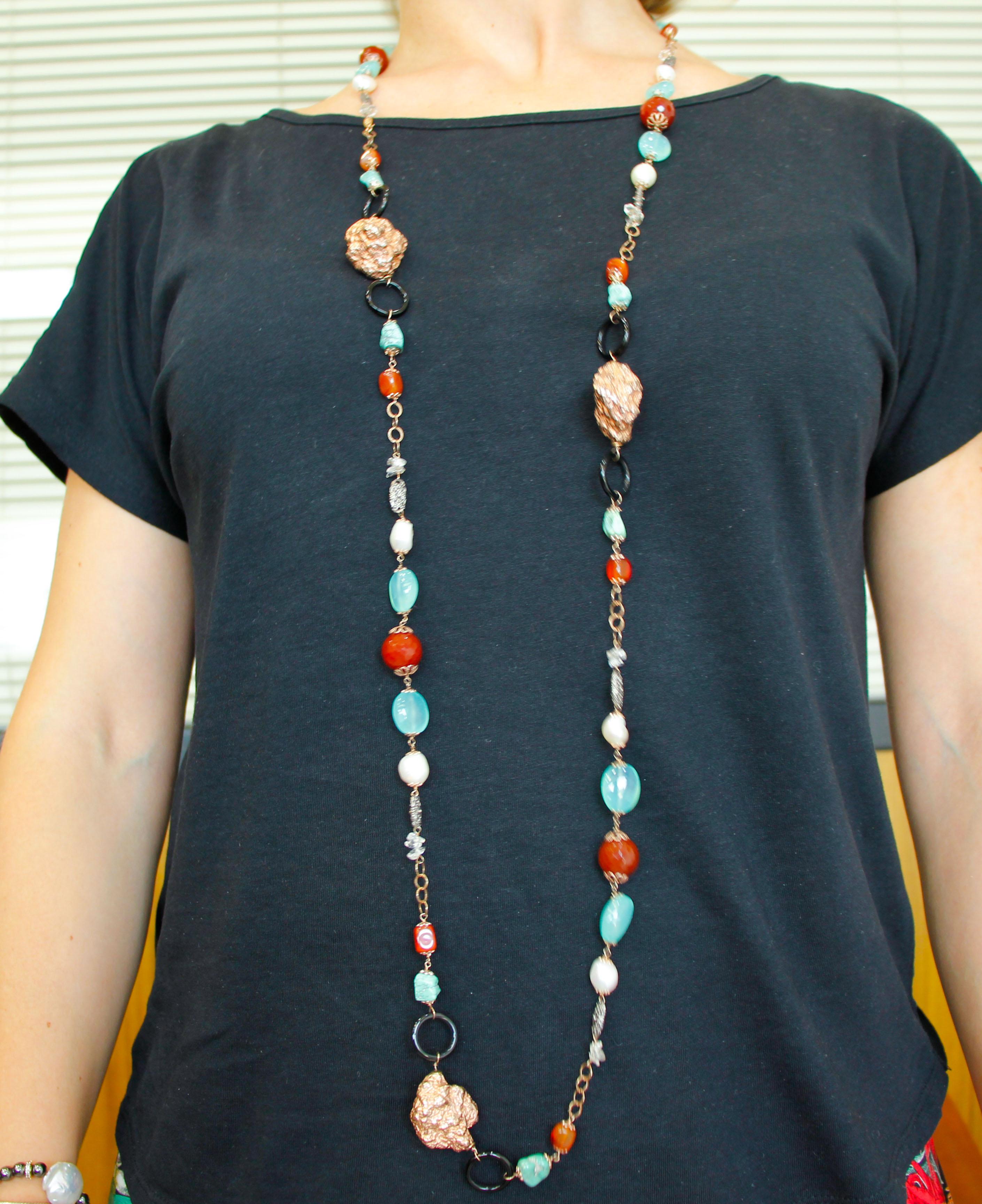 Round Cut Turquoise, Jasper, Black Agate, Pearls, 9 Karat Rose Gold and Silver Necklace For Sale
