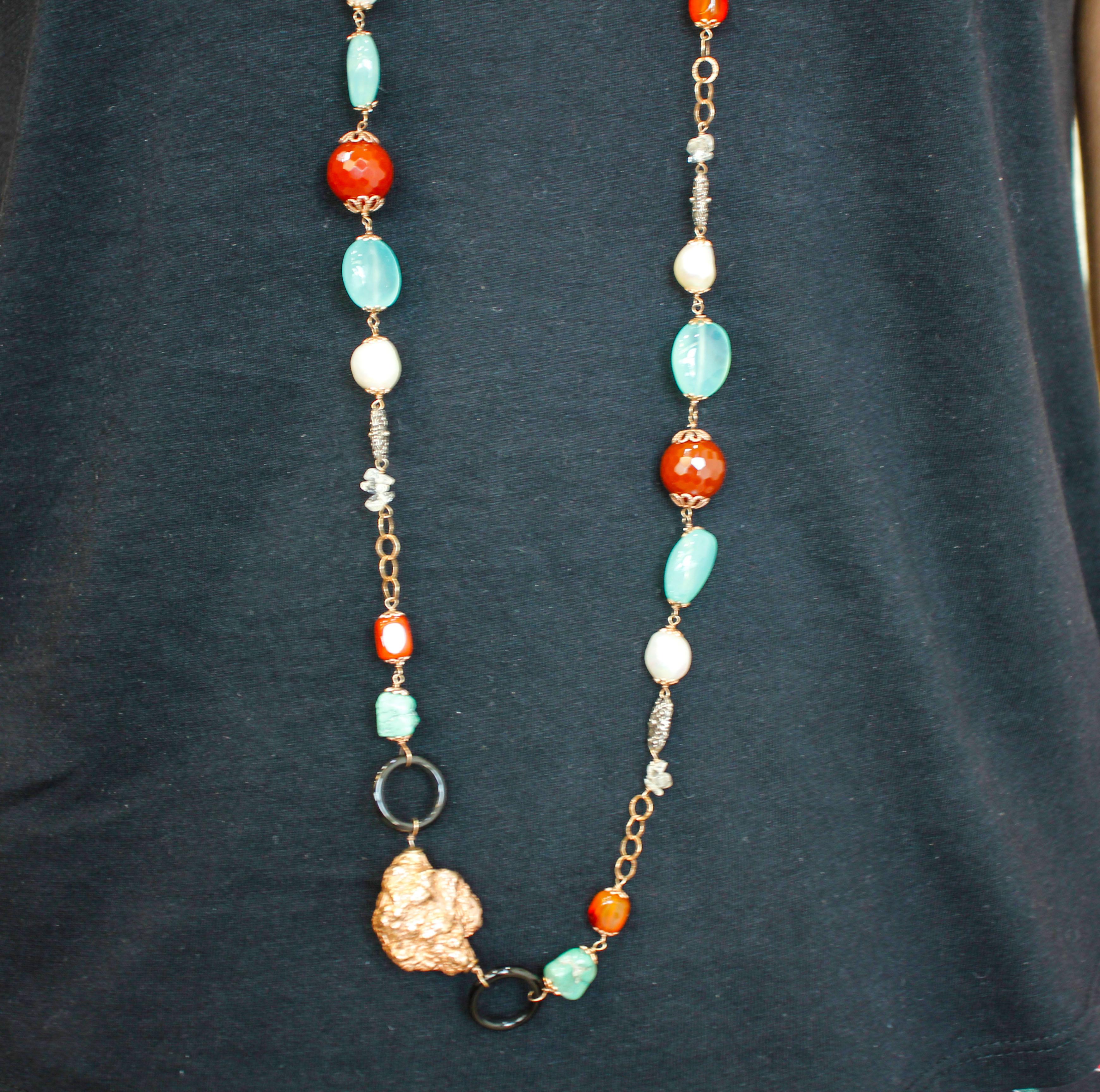 Turquoise, Jasper, Black Agate, Pearls, 9 Karat Rose Gold and Silver Necklace In Excellent Condition For Sale In Marcianise, Marcianise (CE)