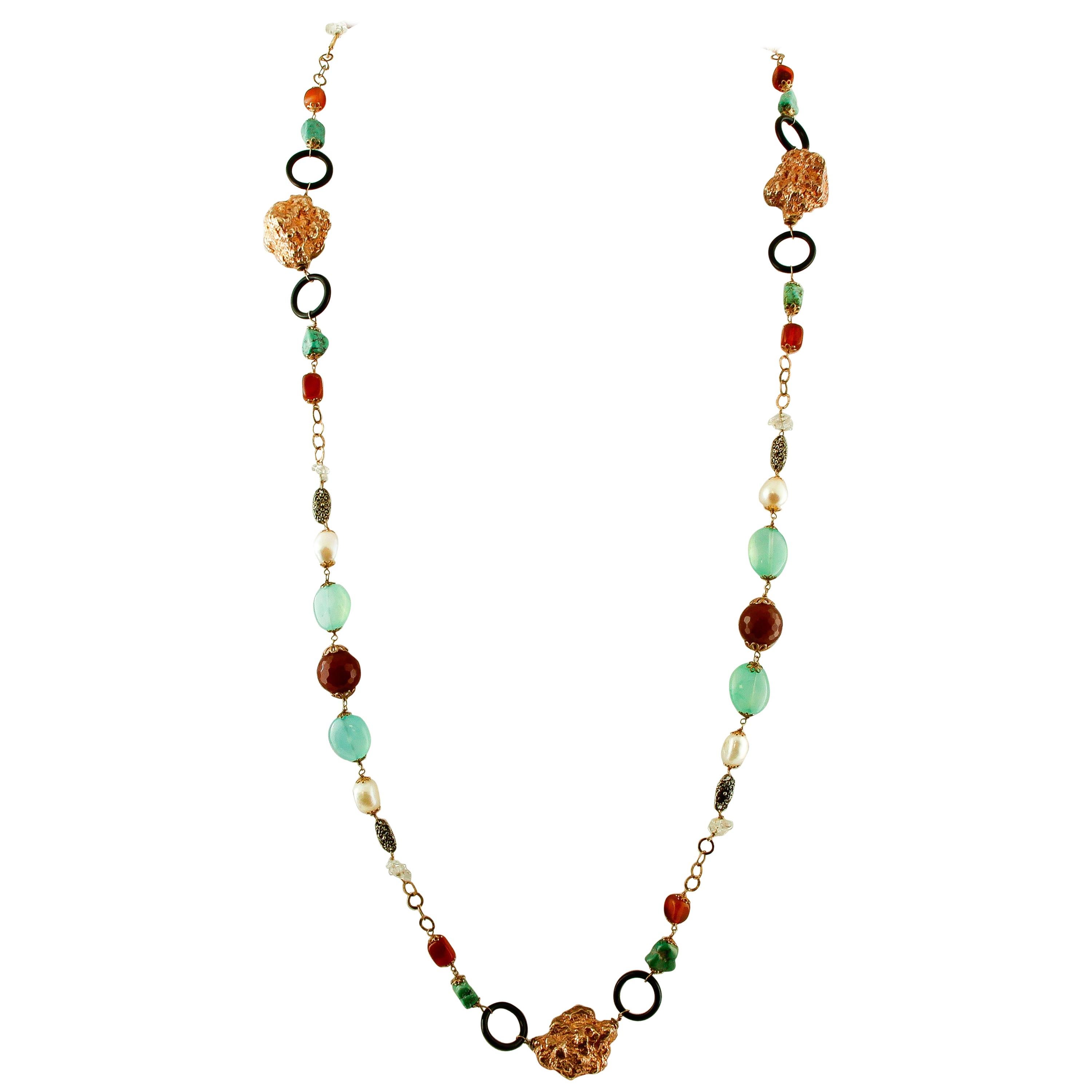Turquoise, Jasper, Black Agate, Pearls, 9 Karat Rose Gold and Silver Necklace For Sale