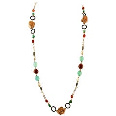 Turquoise, Jasper, Black Agate, Pearls, 9 Karat Rose Gold and Silver Necklace