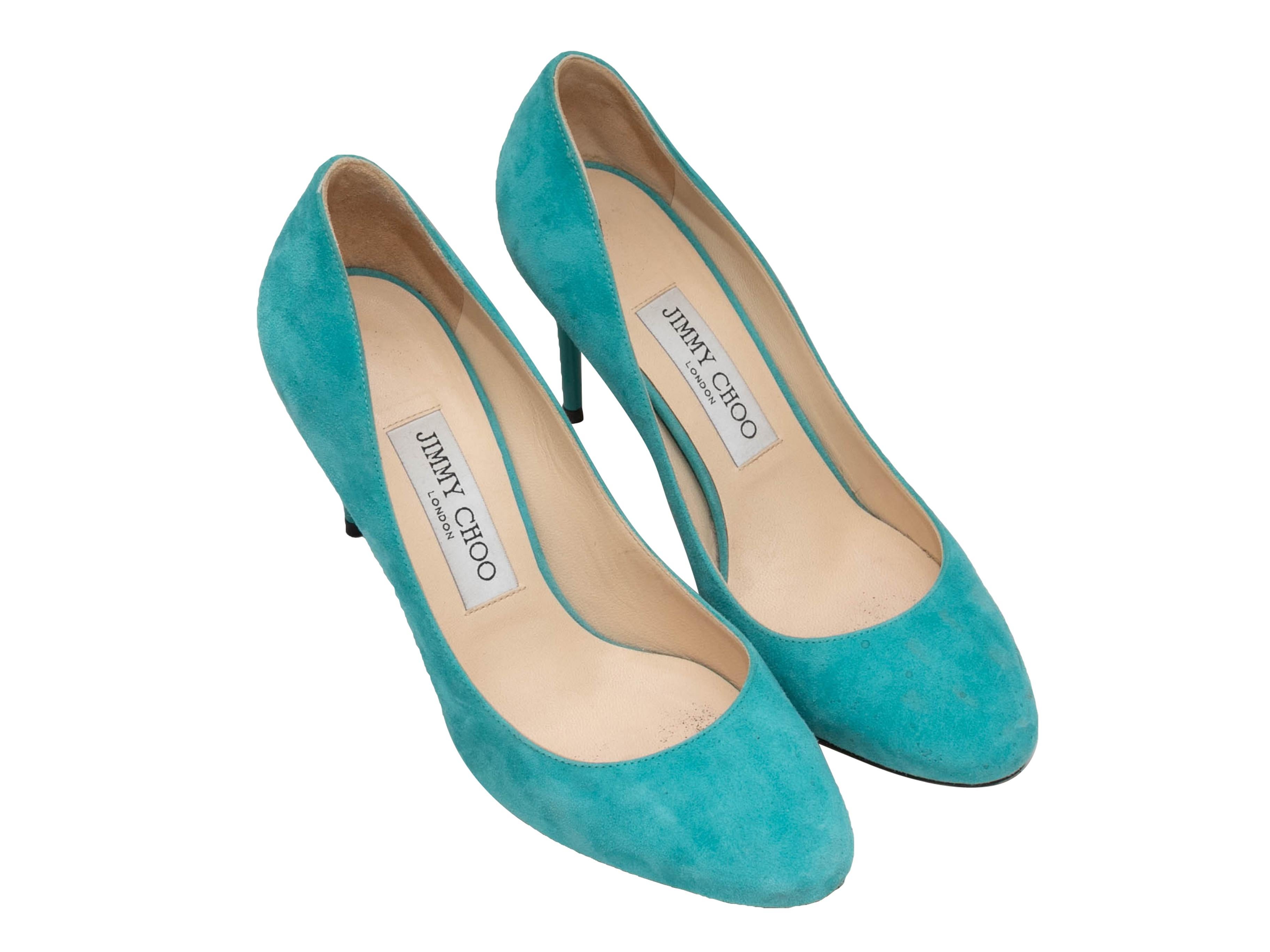 Turquoise Esme suede pumps by Jimmy Choo. 3.5