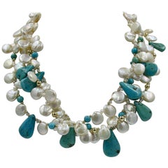 Turquoise Keshi Pearl 14 Karat Gold Necklace Triple Strand