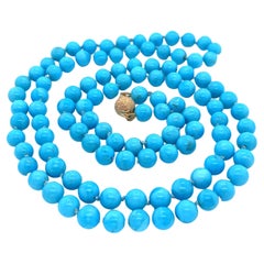 Vintage Turquoise Kingman Round Bead Gold Necklace 