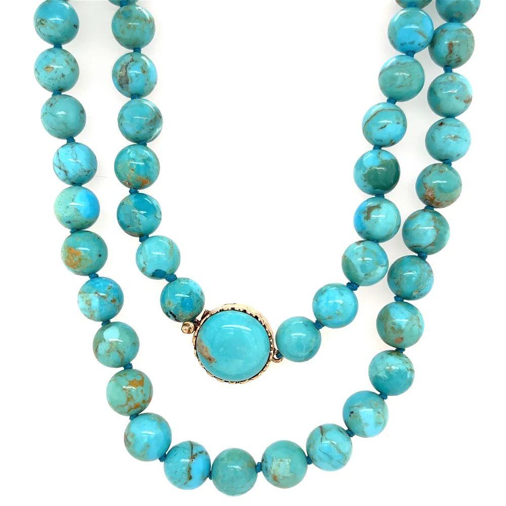 Simply Beautiful! Kingman Round Green-Blue Turquoise Bead Necklace, each approx. 8.5mm-8.75mm, held by a 14K Yellow Gold clasp. Hand strung with matching silk cord. The necklace measures approx. 32” long. More Beautiful in real time! Classic and