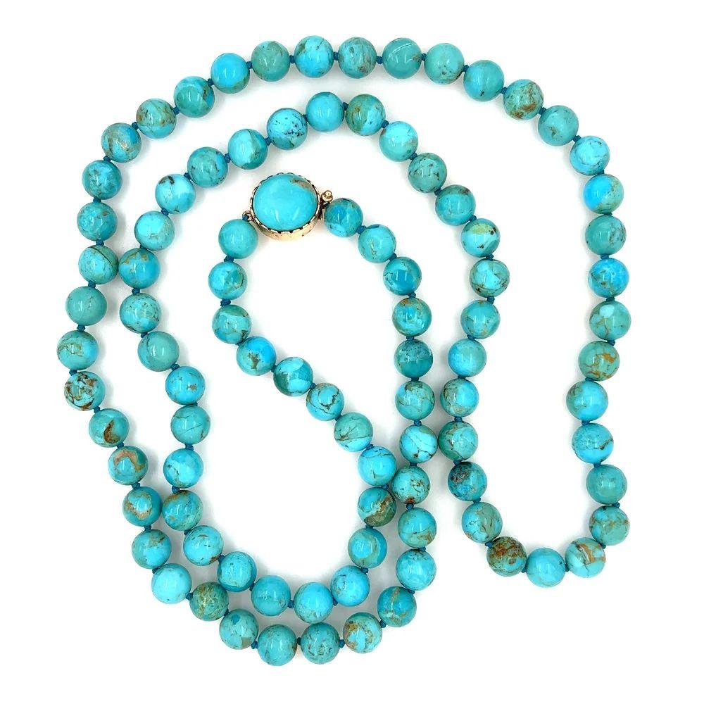 Round Cut Turquoise Kingman Round Bead Vintage Gold Necklace For Sale