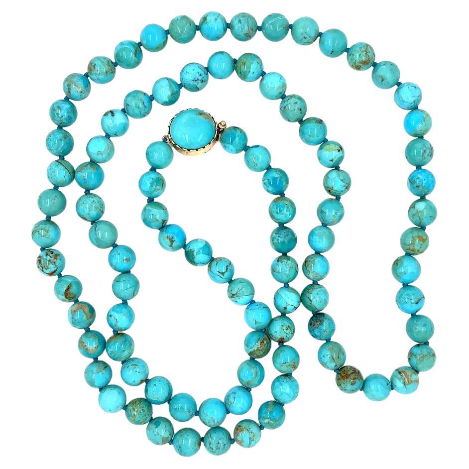 Turquoise Kingman Round Bead Vintage Gold Necklace For Sale