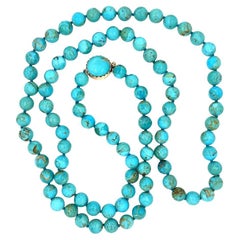 Turquoise Kingman Round Bead Used Gold Necklace