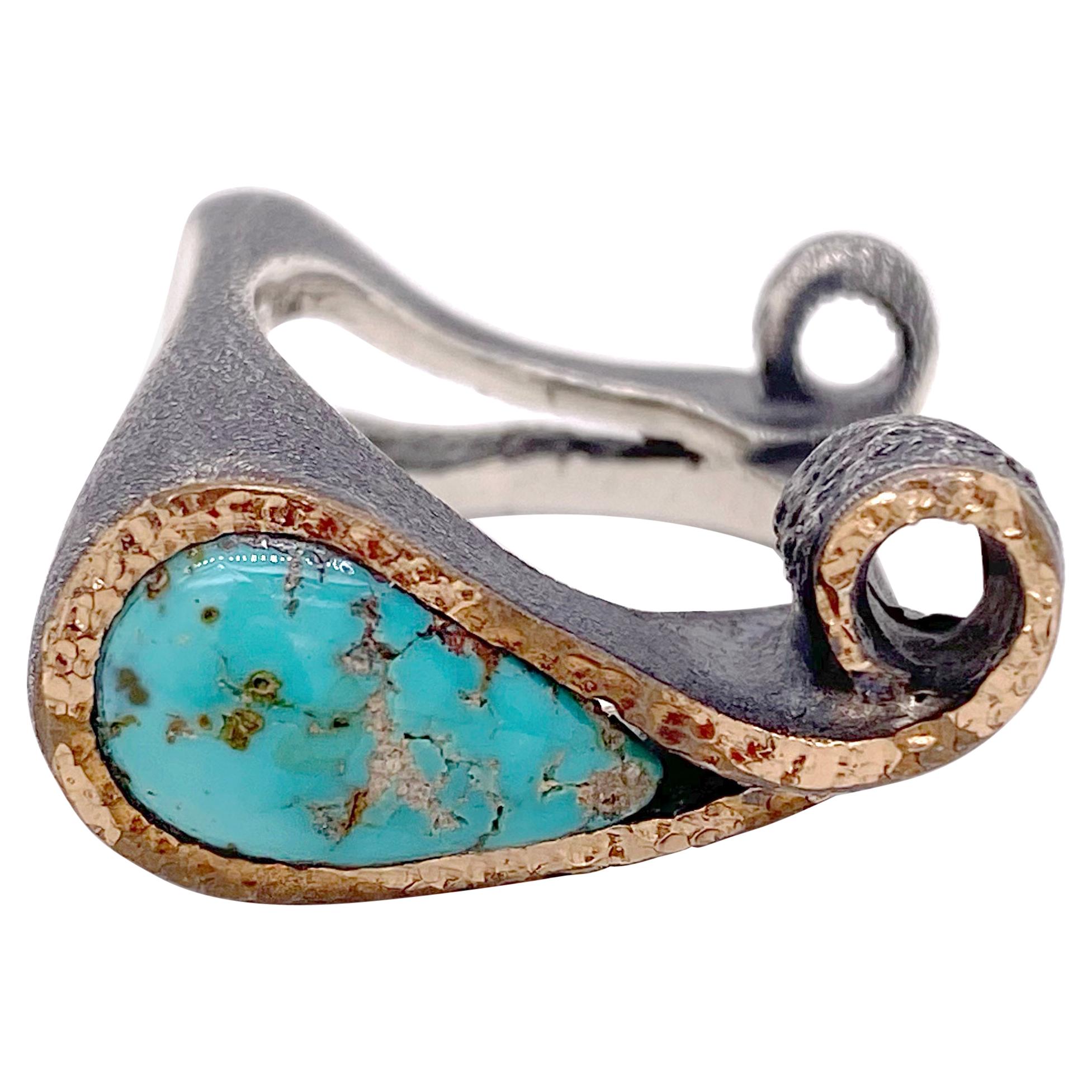 Turquoise Knuckle Ring, Asymmetrical Mixed Metal Ring Pear NaturalTurquoise Ring