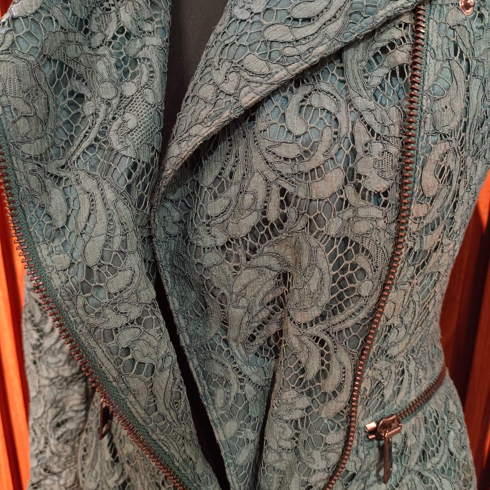 Turquoise Lace Burberry Biker Jacket For Sale 8