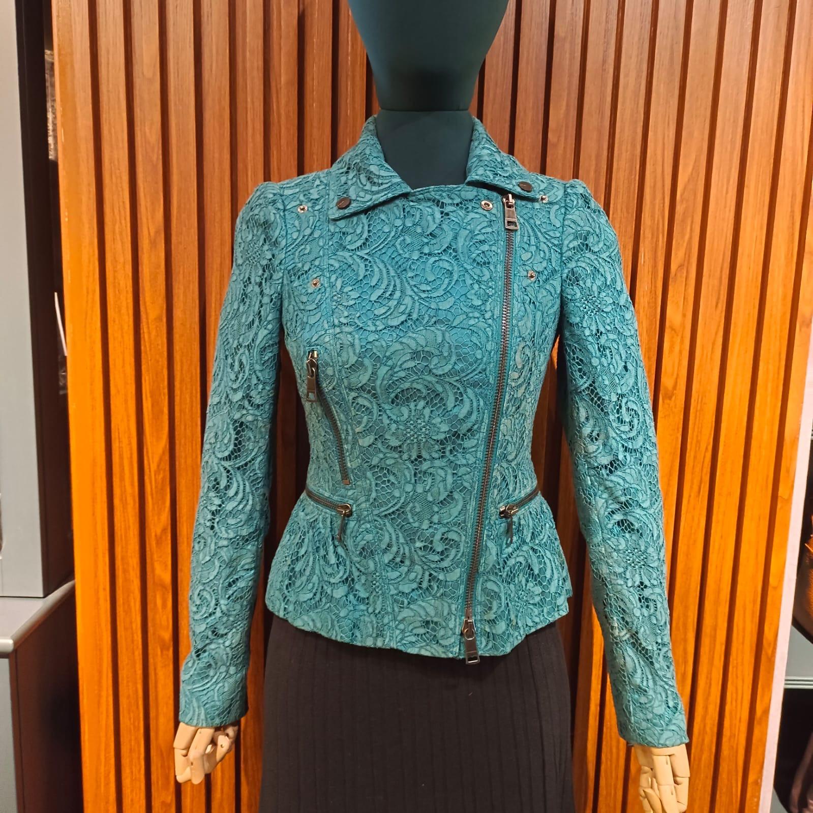 Turquoise Lace Burberry Biker Jacket For Sale 9