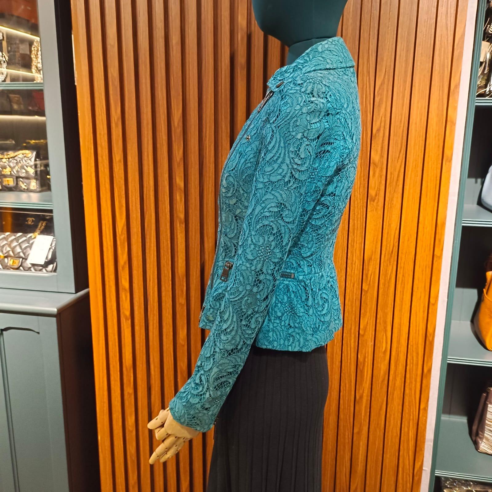 Turquoise Lace Burberry Biker Jacket For Sale 10