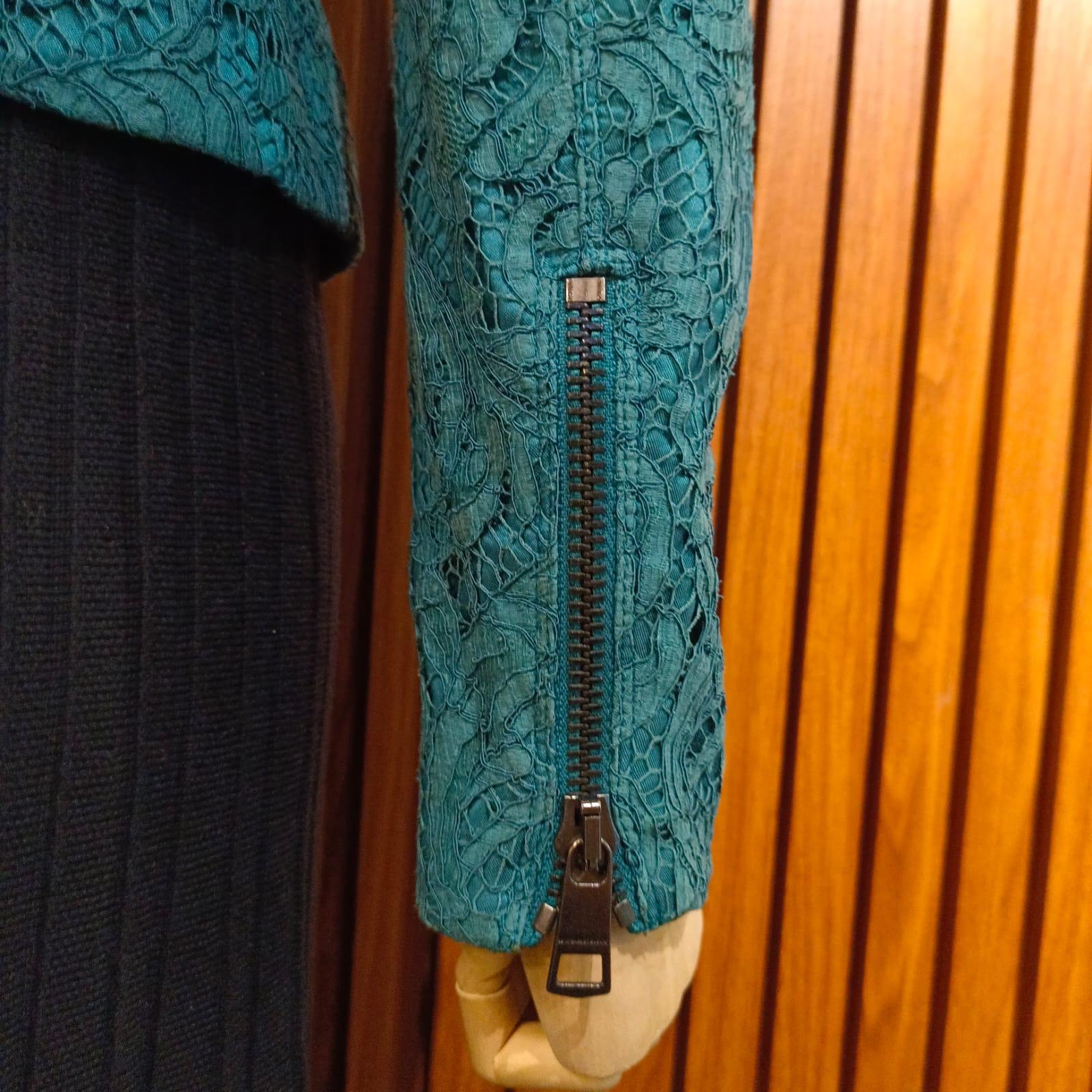 Turquoise Lace Burberry Biker Jacket For Sale 1