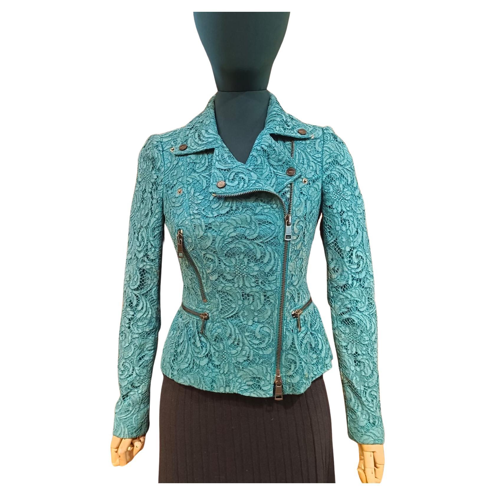 Turquoise Lace Burberry Biker Jacket For Sale