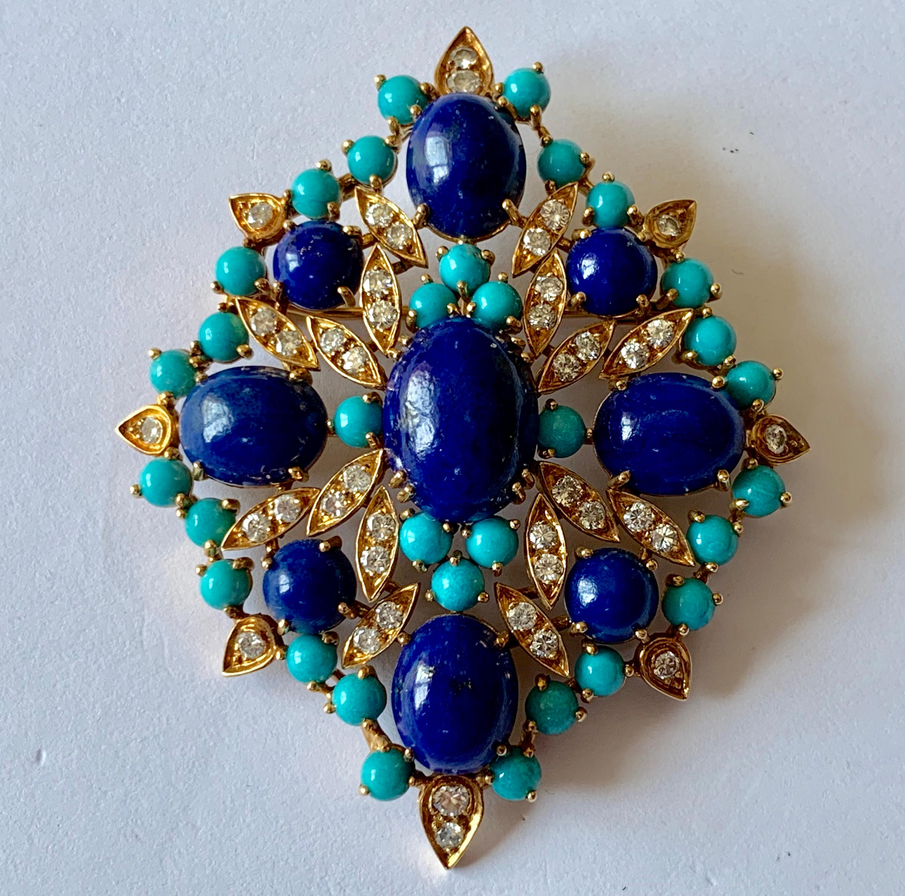 Turquoise, lapis and diamond brooch/pendant, circa 1960. A 18 K yellow gold  brooch/pendant set with 9 cabochons Lapis Lazuli and round turquoises cabochons, all in yellow gold claw settings and 24 round brilliant cut diamonds weighing approximately